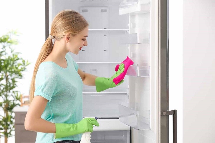 Sau một thời gian, các lớp tuyết bám trên thành tủ lạnh đã tan hết, bạn hãy dùng khăn lau khô bên trong tủ lạnh.